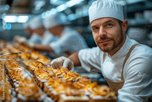 A professional chef in a white uniform expertly adds final touches to exquisite cakes on a production line