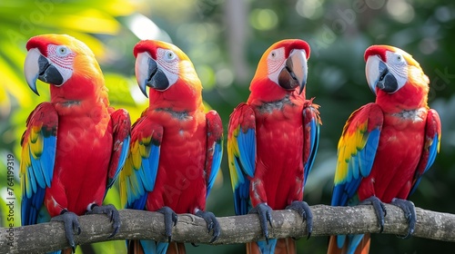  A flock of vibrantly colored parrots perched on tree branches against a backdrop of lush foliage