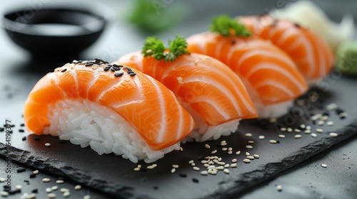  Close-up photo of sushi on a dish, adorned with sesame seeds, against a dark sauce backdrop (36 tokens