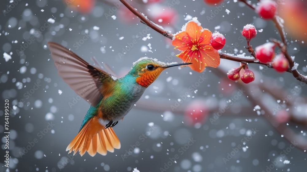  A bird with a flower in its beak, perched on a branch amidst snowfall