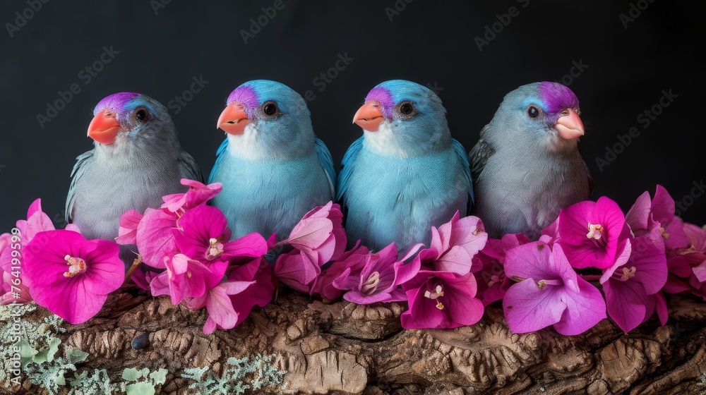  Three birds perched on a tree stump with pink and purple flowers
