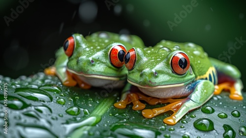  Two green frogs sat atop a wet green leaf, together © Jevjenijs