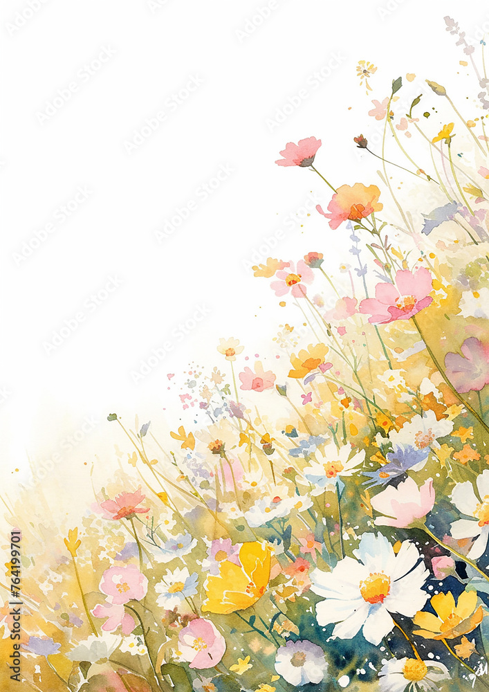 A painting of a field of flowers with a white background. The flowers are in various colors and are scattered throughout the painting. The mood of the painting is peaceful and serene