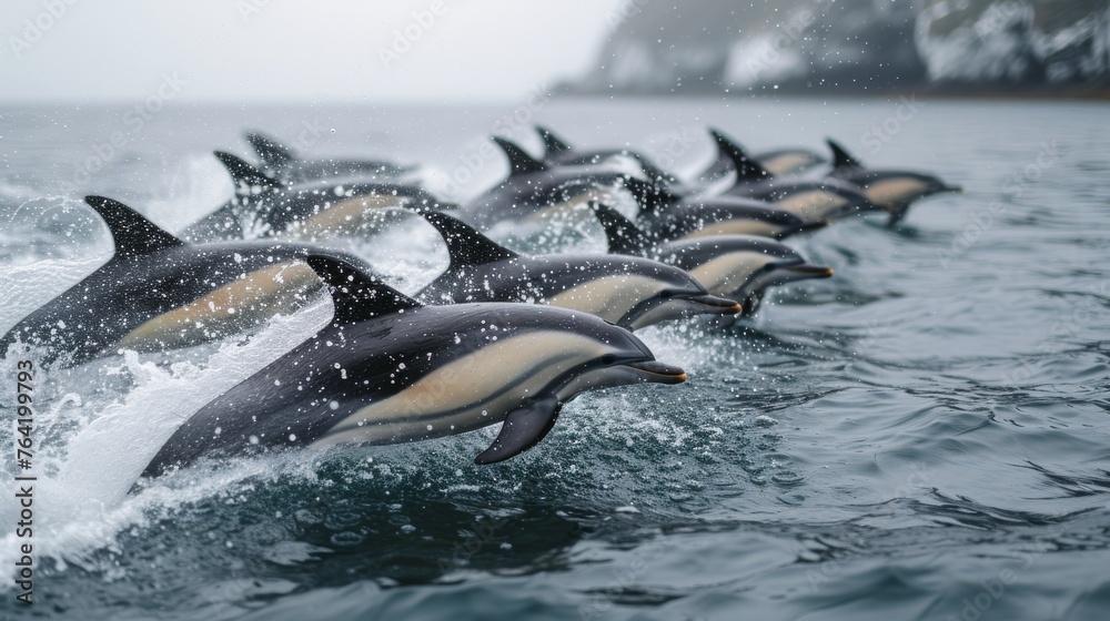  A group of dolphins leap from the water, in front of a jagged cliff