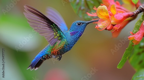  Hummingbird sips flower, wings spread, red-yellow backdrop blur