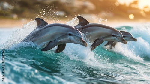  Two dolphins leap from water's edge on a wave amidst tree-lined shoreline