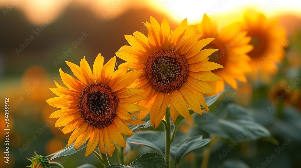  Sunflowers illuminate yellow field as sun shines on leaves, casting radiant glow onto sky in background