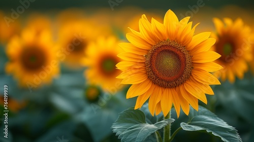 A sunflower field with a sunflower in the foreground and a green leafy plant adjacent to it © Jevjenijs