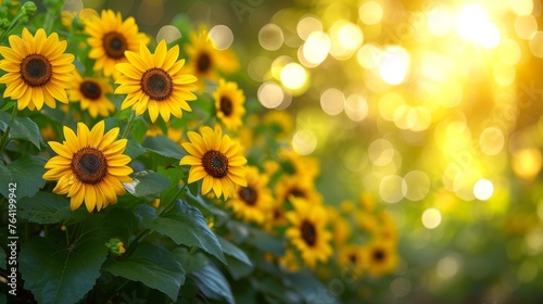  A field full of sunflowers, bathed in sunlight through tree branches, with lush grass in the foreground