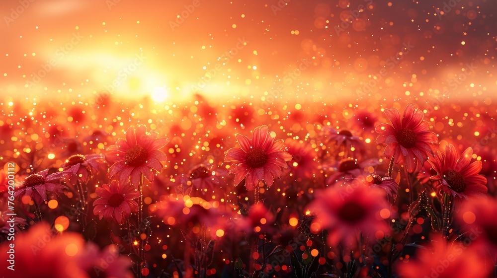  A field brimming with crimson blossoms, bathed in sunset hues amidst a sky backdrop