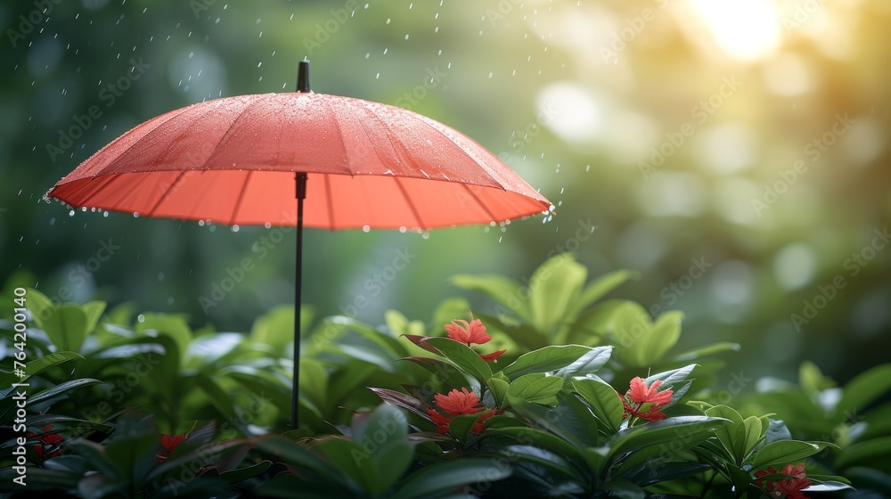  A red umbrella sits amidst a lush green plant, surrounded by vibrant red blossoms, under the bright sky on a drizzly afternoon