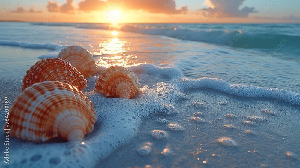  A group of seashells on a sandy beach, bathed in a warm sunset glow - obrazy, fototapety, plakaty 