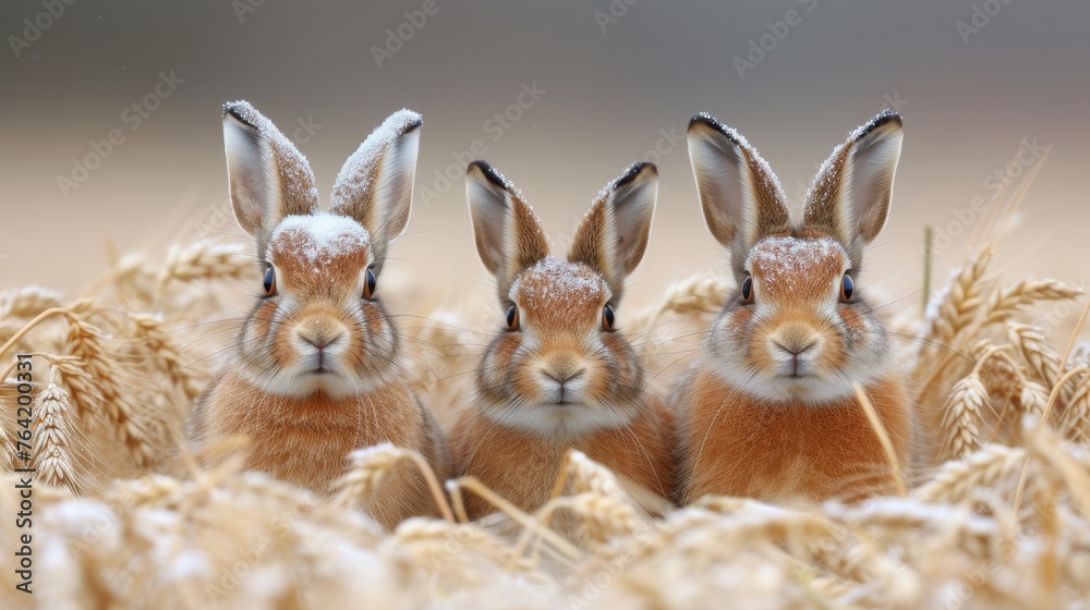 Three rabbits sit in a winter wheatfield amidst snow-covered ears Three rabbits sit in a winter wheatfield amidst snow-covered ears