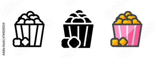 Multipurpose popcorn vector icon in outline, glyph, filled outline style. Three icon style variants in one pack.