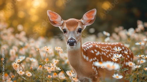  Deer close-up in flower field, sun behind trees