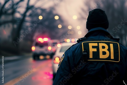 FBI agents walking on city street for a raid photo