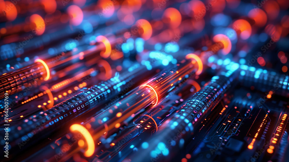 technological prowess of data transfer with a photograph of glowing data cables conveying information against a dark background. Abstract background - obrazy, fototapety, plakaty 