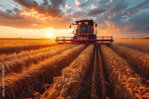 A stunning scene showcasing a combine harvester at work in a golden wheat field during sunset