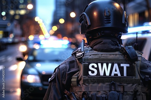 Swat team officers standing in front of a house door photo
