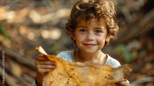 young boy kid participating and holding the treasure map, igniting the imagination and sense of adventure.
