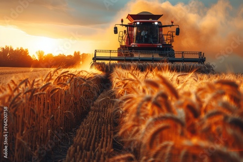 A large harvester machine gathering ripe wheat during a vibrant sunset on a vast, golden wheat field under a cloudy sky photo