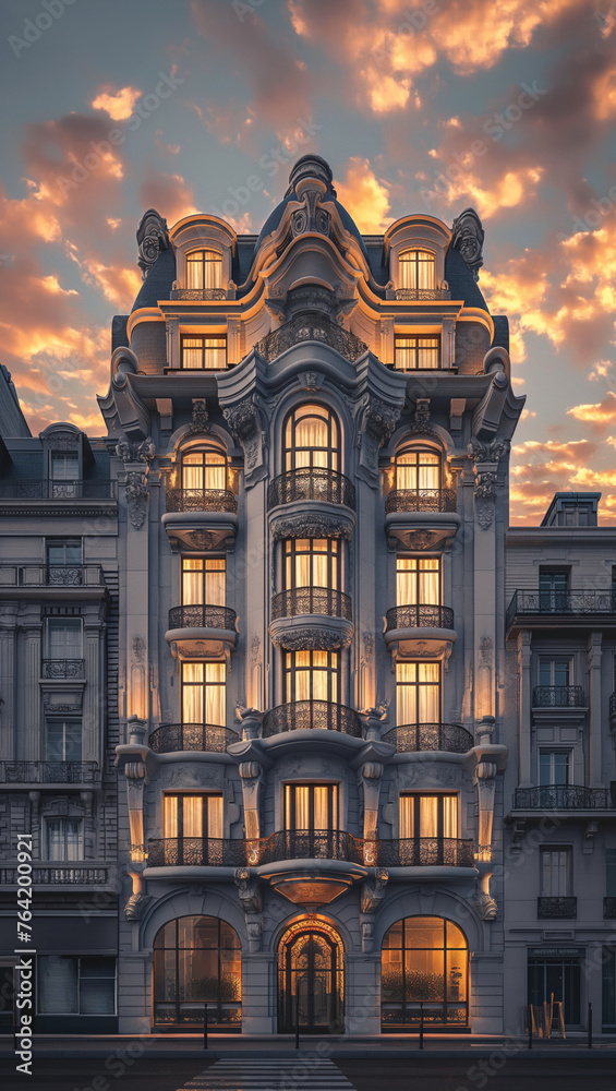 Fototapeta premium art nouveau new fictional hotel in paris at sunset beautiful parisian architecture illuminated lights