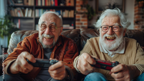two happy retired old men playing video games, holding gamepads and immersed in the fun, showcasing the concept of elder people enjoying modern entertainment.
