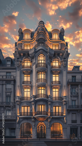 art nouveau new fictional hotel in paris at sunset beautiful parisian architecture illuminated lights