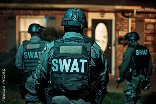 Swat team officers standing in front of a house door