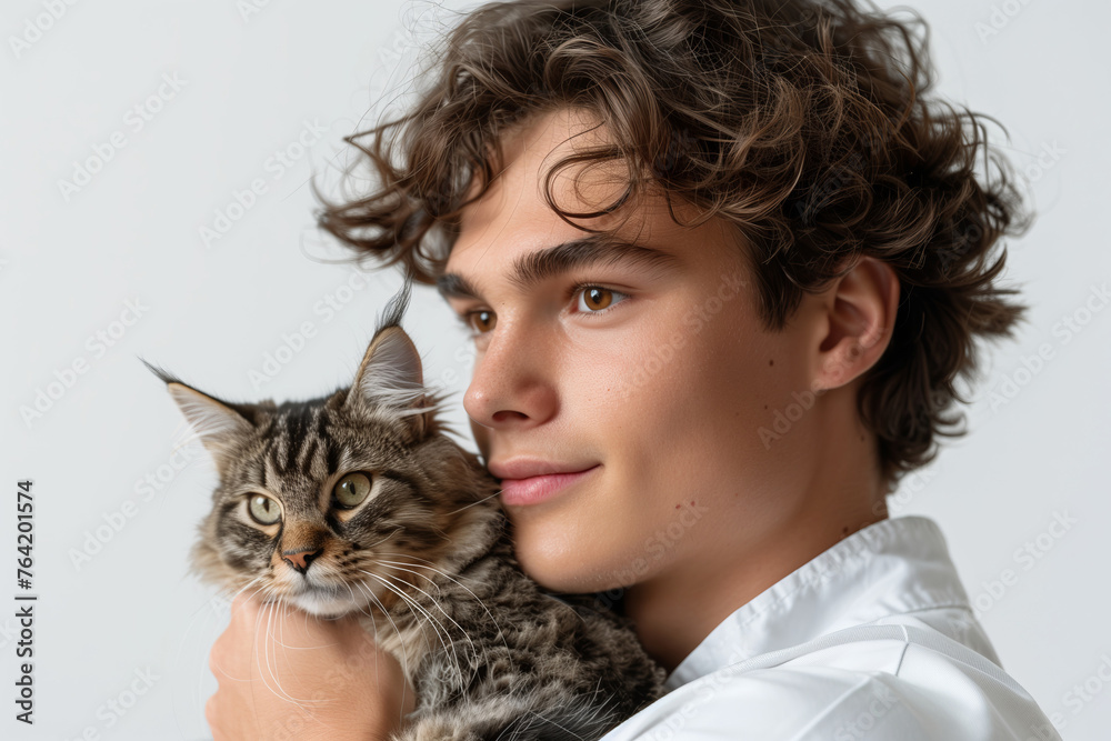 Young Male Veterinarian with Curly Hair Holding a Tabby Cat, Compassionate Pet Care