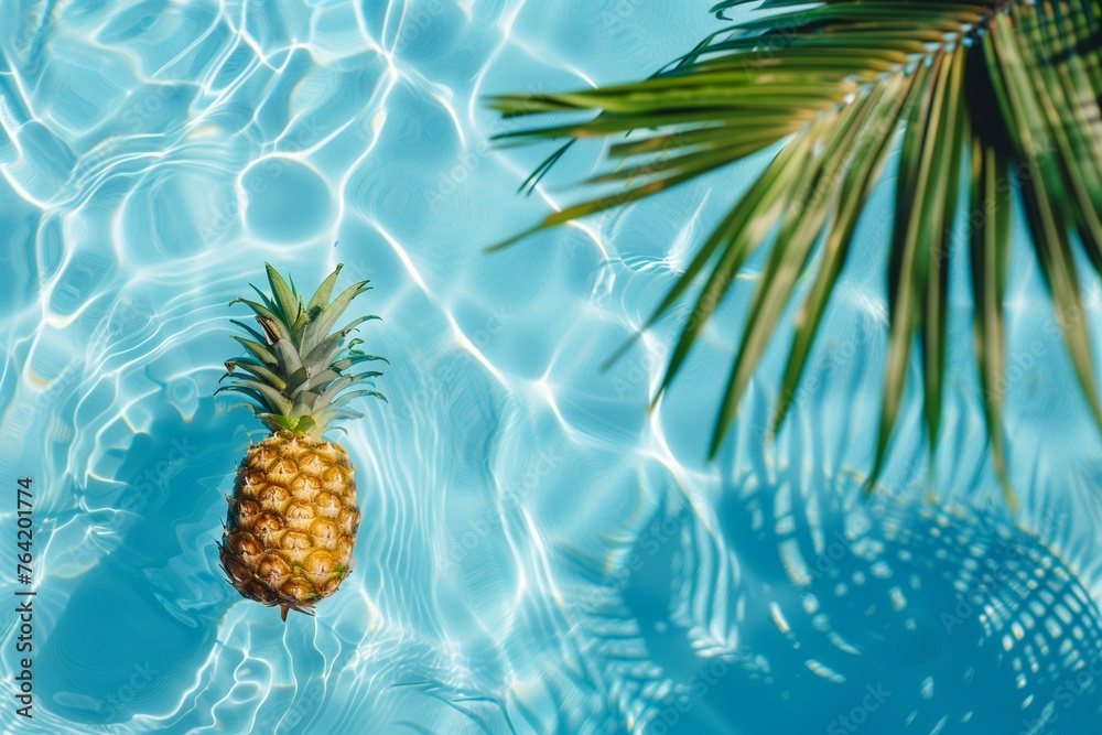 Pineapple fruit Floating in a crystal clear blue water Swimming Pool with a palm leaf in the corner. Pineapple fruit Floating in a crystal clear blue water Swimming Pool with a palm leaf in the corner.