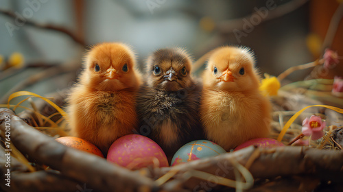 Adorable Easter Chicks Nestled in Nest with Colorful Easter Eggs, Springtime Warmth © ImaginAI
