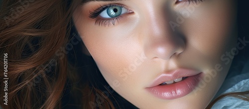In the image  there is a woman wearing a white shirt. She has captivating blue eyes that stand out.