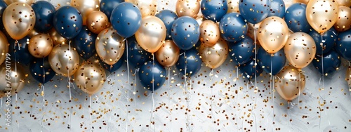 Balloon birthday background confetti anniversary happy gold party ballon white. Birthday balloon background ribbon card design 3D golden isolated celebrate decoration illustration blue banner color.