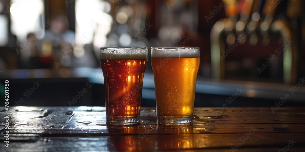 two pints of craft beer on a bar top, suitable for a brewery website or a guide to craft beers