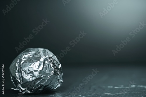 crumpled ball of aluminum foil in the foreground  serving as an object of focus in a composition class or to illustrate concepts of recycling and waste
