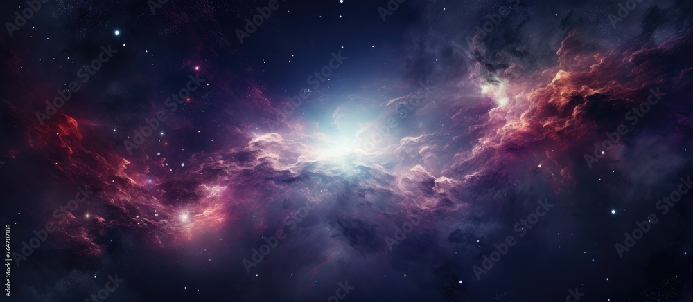 An astronomical scene of a vibrant nebula surrounded by glowing stars and other celestial nebulas in the expansive sky