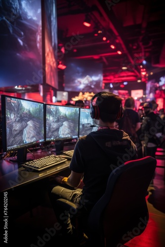 A man is seated in front of two computer monitors, likely at a gaming event. He appears focused on the screens, possibly playing a new release game or participating in a virtual competition