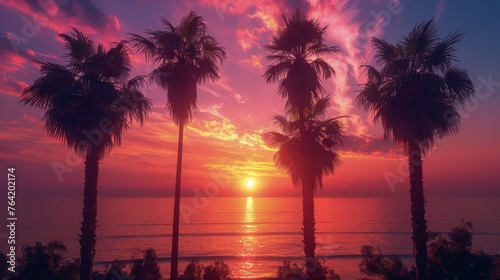 Vibrant Sunset With Palm Trees and Ocean
