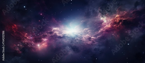 An astronomical scene of a vibrant nebula surrounded by glowing stars and other celestial nebulas in the expansive sky