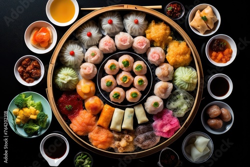 colourful dim sums flatlay with chopsticks 