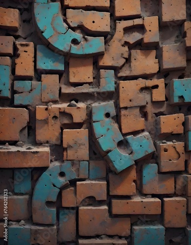 Irregular Wall with Protruding Bricks in Brown and Turquoise, Generative AI © OZMedia