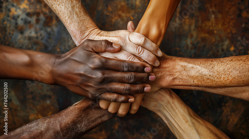 solidarity with a close-up image of diverse hands clasped together in unity, symbolizing teamwork, collaboration, and strength. photo