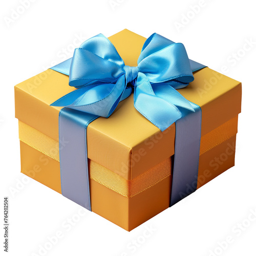 Gift box in yellow craft wrapping paper and light blue satin ribbon on transparent background.