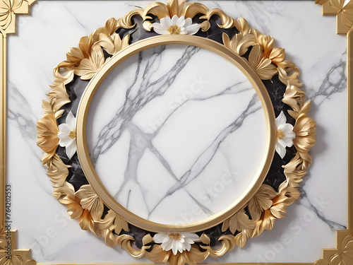 Circular frame design with classic decorative pattern surrounded by gold frame. The background is a white marble pattern.