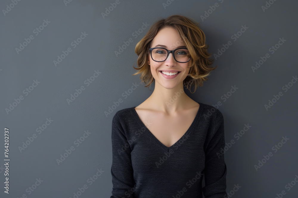 Obraz premium Cheerful Woman with Dark Blond Hair and Glasses Against Grey Backdrop