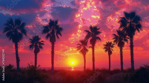 Vibrant Sunset With Palm Trees and Ocean