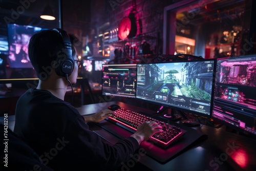 A man is seated in front of two computer monitors, intensely focusing on the screens. He appears to be analyzing data or playing a video game, deeply engaged in his task