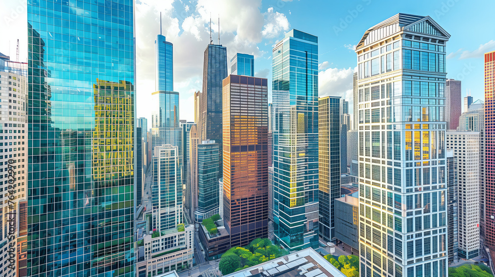 Explore the dynamic essence of urban architecture with an aerial view of a city skyline featuring a diverse mix of architectural styles, from historic landmarks to contemporary high-rises.
