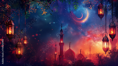 An illustration banner background celebrates Ramadan Kareem with Islamic Crescent and lantern symbols  accompanied by the written message  Ramadan Kareem .